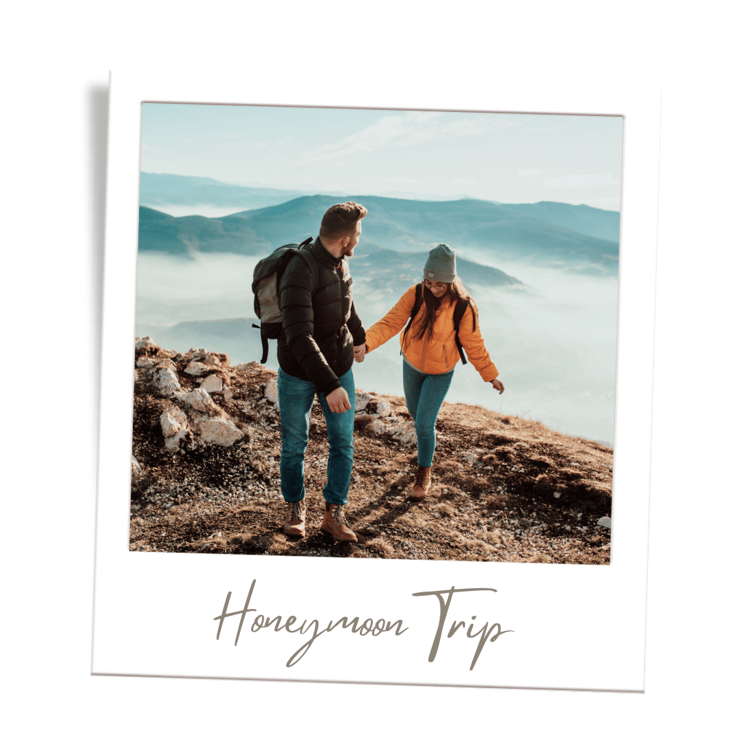 A man holding the hand of girl at the top of mountain, wearing backpacks and hiking shoes, perfect for Adventure Honeymoon Trip